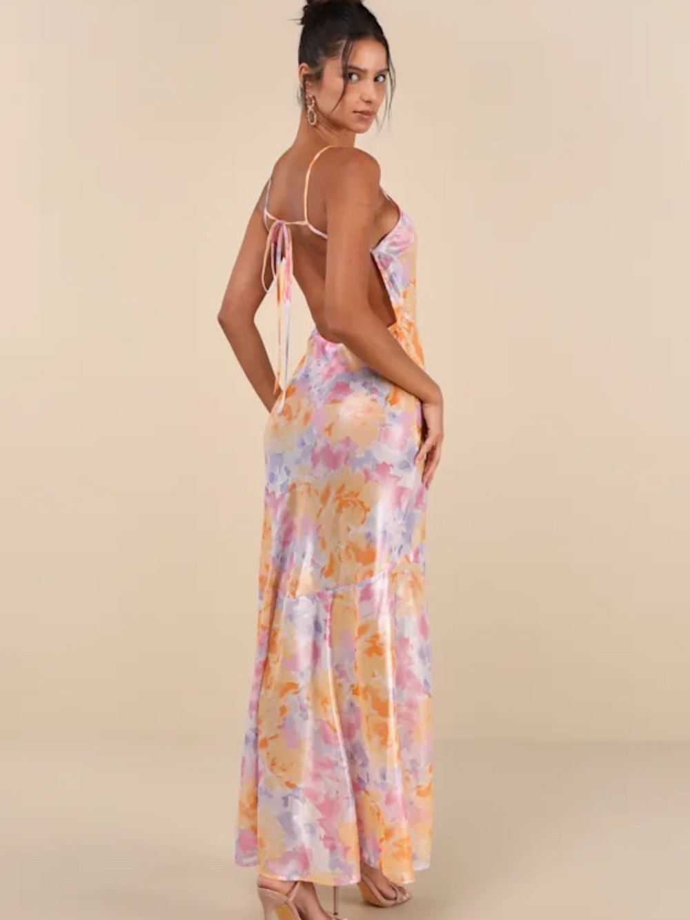 Lulu's Pastel Floral Satin Backless Maxi Dress